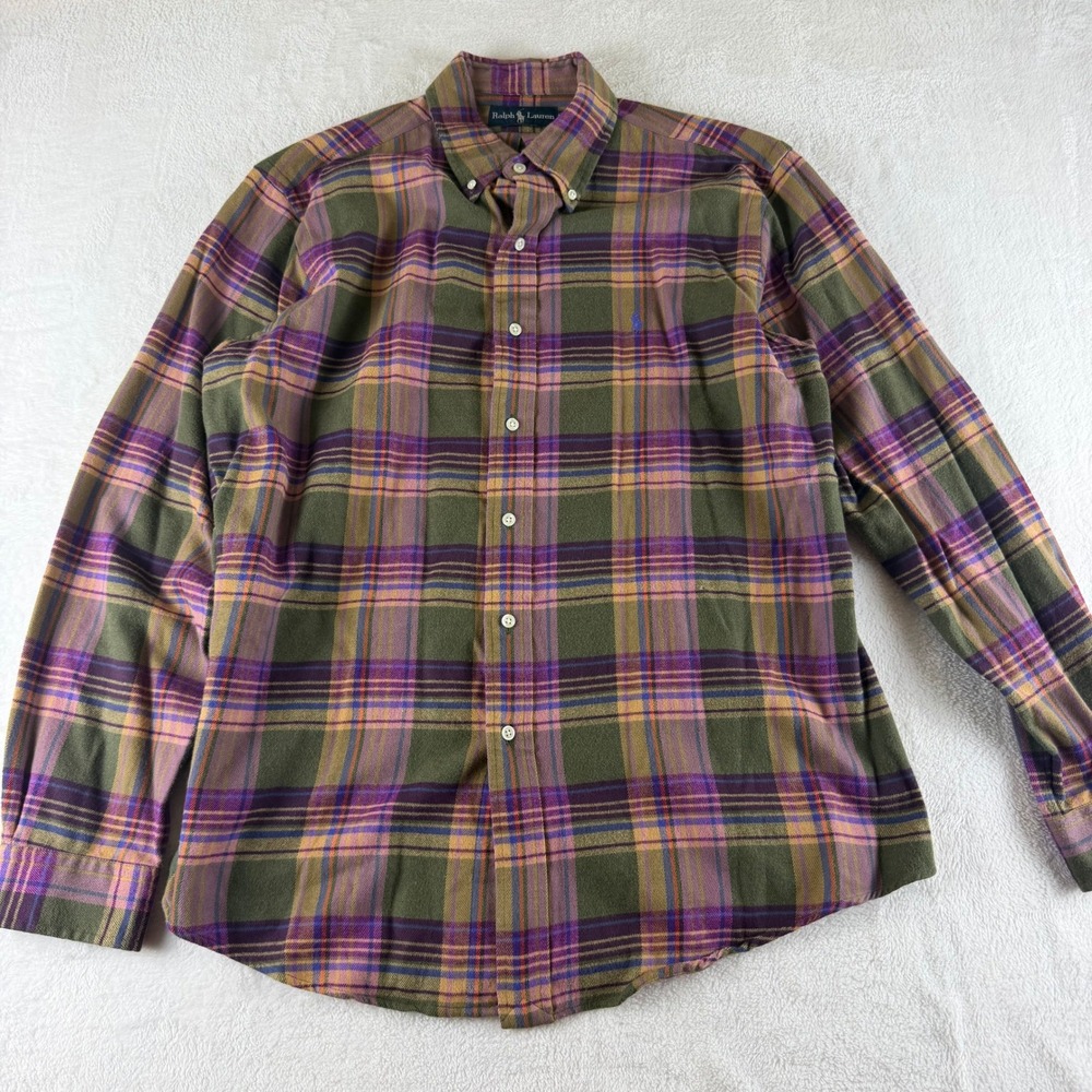 Ralph Lauren Vintage Plaid Flannel Shirt Custom Fit Purple Mens XL Button Down